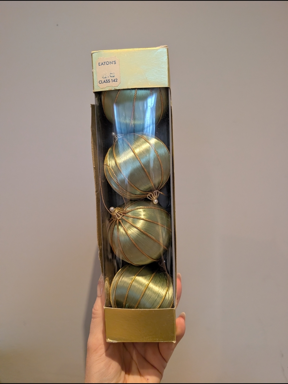 Vintage Christmas Eaton's Gold-Trim Green Holiday Ornament Set